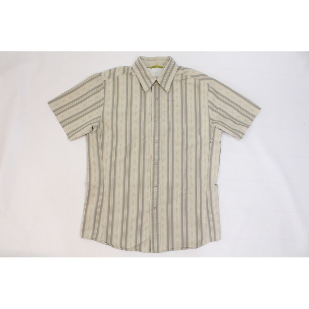 Royal Robbins Mens Short Sleeve Stripe Coolmax Snap Button Hiking Shirt Tan M